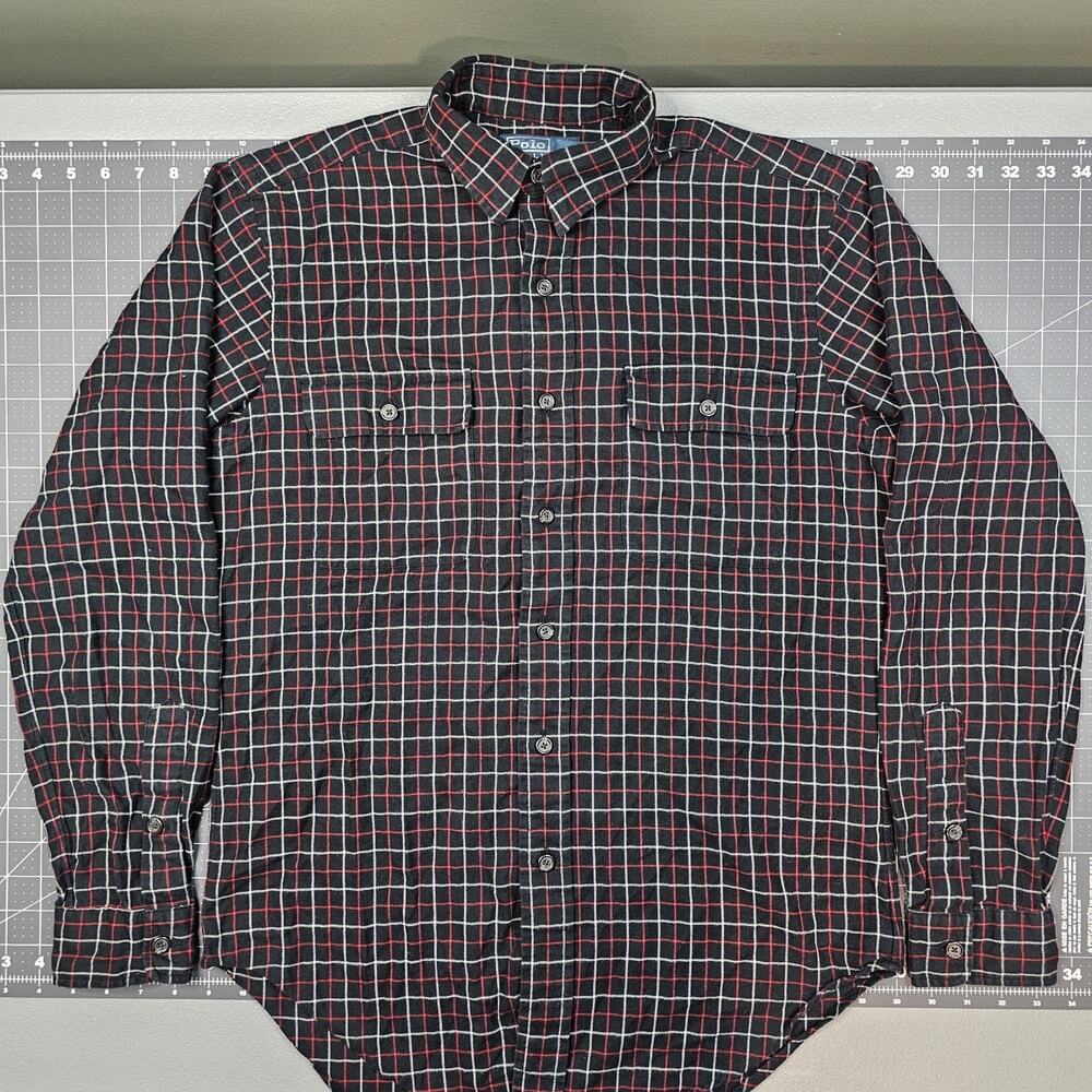 Polo Ralph Lauren Flannel Shirt Small Black Plaid Pocket Preppy Academia Ivy